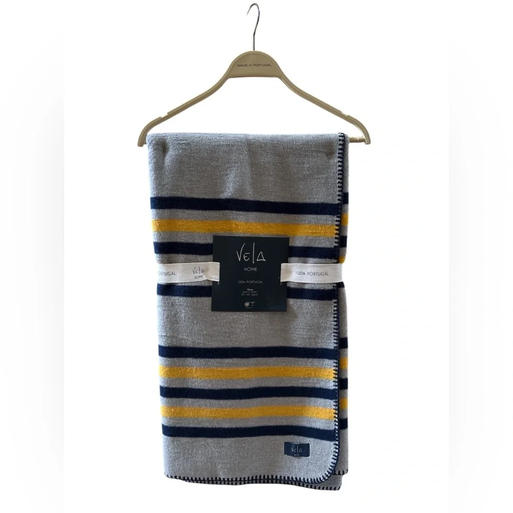 50”x60” Throw 100% Portugal‎ Vela Home Blue/Gold/Grey - Cotton/Acrylic NEW Soft